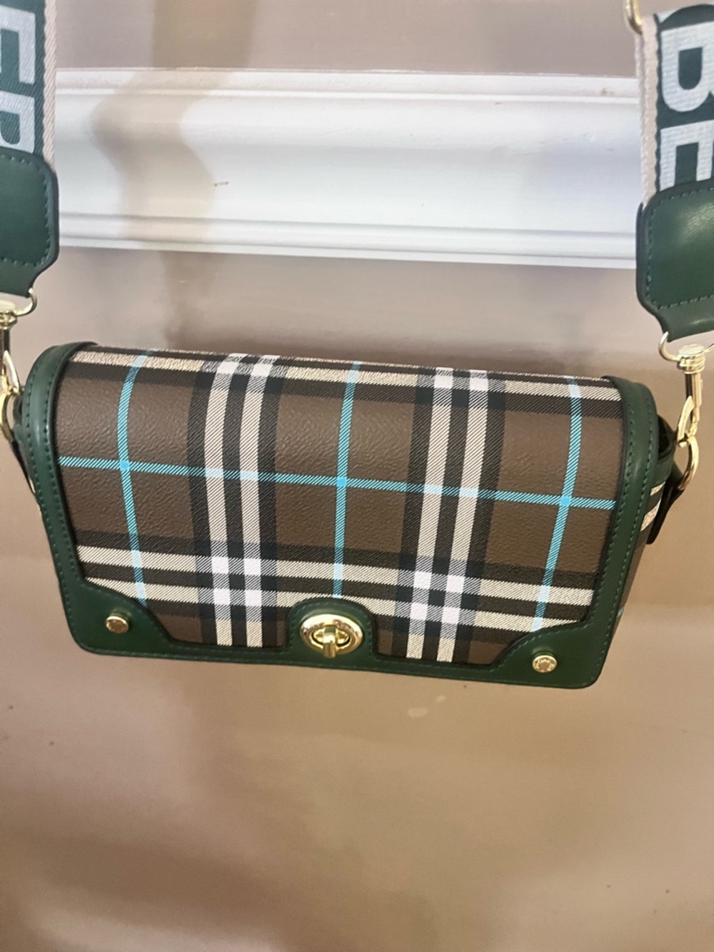 Burberry style  Green and Brown Plaid Crossbody with Logo Strap - Picture 4 of 11